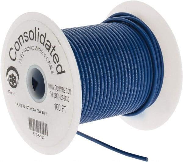Made in USA - 18 AWG, 16 Strand, 100' OAL, Tinned Copper Hook Up Wire - Blue PVC Jacket, 0.106" Diam - USA Tool & Supply