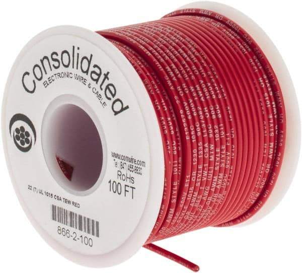 Made in USA - 22 AWG, 7 Strand, 100' OAL, Tinned Copper Hook Up Wire - Red PVC Jacket, 0.091" Diam - USA Tool & Supply