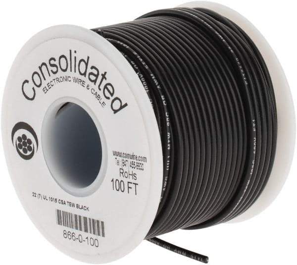 Made in USA - 22 AWG, 7 Strand, 100' OAL, Tinned Copper Hook Up Wire - Black PVC Jacket, 0.091" Diam - USA Tool & Supply