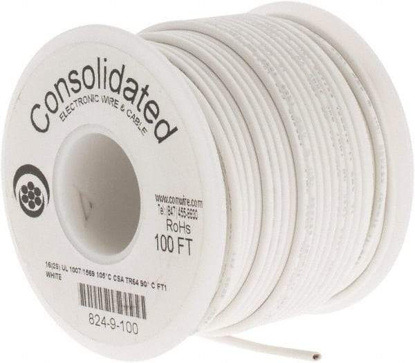 Made in USA - 16 AWG, 26 Strand, 100' OAL, Tinned Copper Hook Up Wire - White PVC Jacket, 0.092" Diam - USA Tool & Supply