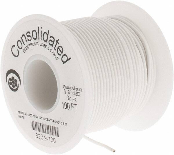 Made in USA - 18 AWG, 16 Strand, 100' OAL, Tinned Copper Hook Up Wire - White PVC Jacket, 0.08" Diam - USA Tool & Supply