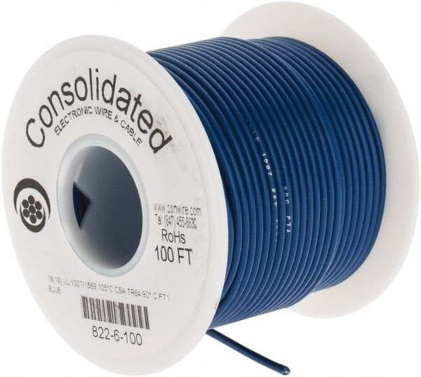 Made in USA - 18 AWG, 16 Strand, 100' OAL, Tinned Copper Hook Up Wire - Blue PVC Jacket, 0.08" Diam - USA Tool & Supply