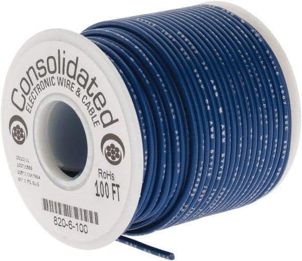 Made in USA - 20 AWG, 10 Strand, 100' OAL, Tinned Copper Hook Up Wire - Blue PVC Jacket, 0.07" Diam - USA Tool & Supply