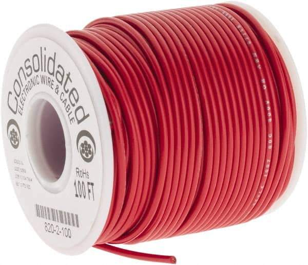 Made in USA - 20 AWG, 10 Strand, 100' OAL, Tinned Copper Hook Up Wire - Red PVC Jacket, 0.07" Diam - USA Tool & Supply