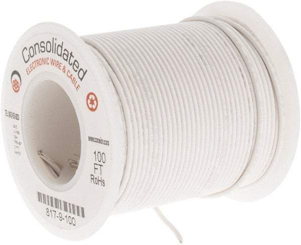 Made in USA - 24 AWG, 7 Strand, 100' OAL, Tinned Copper Hook Up Wire - White PVC Jacket, 0.056" Diam - USA Tool & Supply