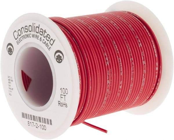 Made in USA - 24 AWG, 7 Strand, 100' OAL, Tinned Copper Hook Up Wire - Red PVC Jacket, 0.056" Diam - USA Tool & Supply