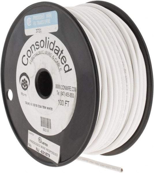 Made in USA - 12 AWG, 65 Strand, 100' OAL, Tinned Copper Hook Up Wire - White PVC Jacket, 0.155" Diam - USA Tool & Supply