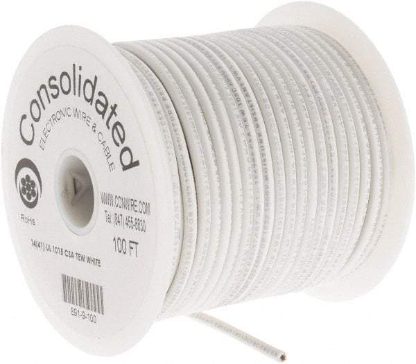 Made in USA - 14 AWG, 41 Strand, 100' OAL, Tinned Copper Hook Up Wire - White PVC Jacket, 0.136" Diam - USA Tool & Supply