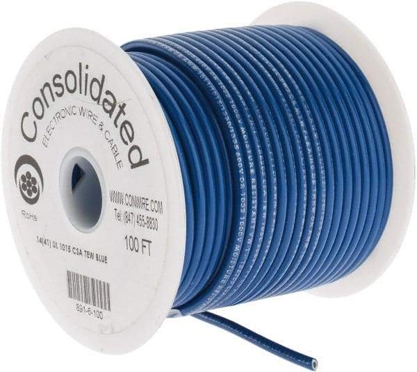 Made in USA - 14 AWG, 41 Strand, 100' OAL, Tinned Copper Hook Up Wire - Blue PVC Jacket, 0.136" Diam - USA Tool & Supply