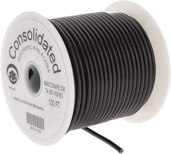 Made in USA - 14 AWG, 41 Strand, 100' OAL, Tinned Copper Hook Up Wire - Black PVC Jacket, 0.136" Diam - USA Tool & Supply