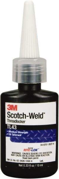 3M - 10 mL, Purple, Medium Strength Liquid Threadlocker - Series TL43, 24 Hour Full Cure Time, Hand Tool Removal - USA Tool & Supply