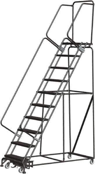Ballymore - 133" 10 Step Rolling Warehouse Ladder - Lock Step Rolling Safety Ladder, 450 Lb Capacity, 100" Platform Height, 32" Base Width x 74" Base Depth, Perforated Tread - USA Tool & Supply