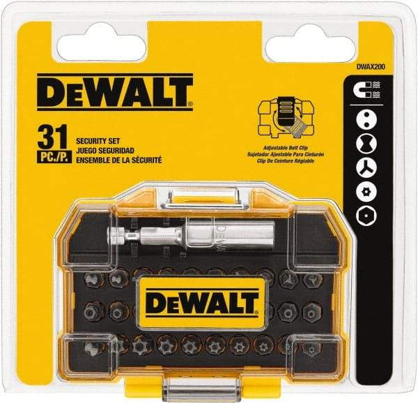 DeWALT - 31 Piece, Screwdriver Tamperproof Bit Set - 3/32, 7/64, 1/8, 9/64, 5/32, 5/16", 2, 2.5, 3, 4mm Hex, T8, T10, T15, T20, T25, T30, T35, T40 Torx, #4, #6, #8, #10 Spanner, #1, #2, #3, #4 Tri-Wing & #6 Clutch Type G - USA Tool & Supply