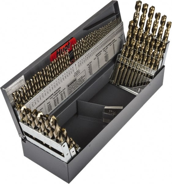 Precision Twist Drill - 1/16 to 1/2", 135° Point, Gold Finish, Cobalt Jobber Length Drill Bit Set - USA Tool & Supply