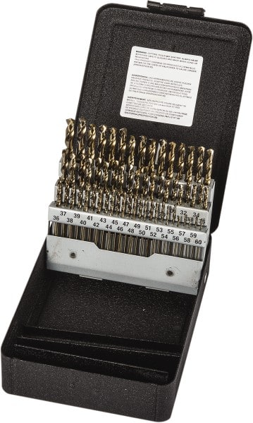Precision Twist Drill - 135° Point, Gold Finish, Cobalt Screw Machine Length Drill Bit Set - USA Tool & Supply