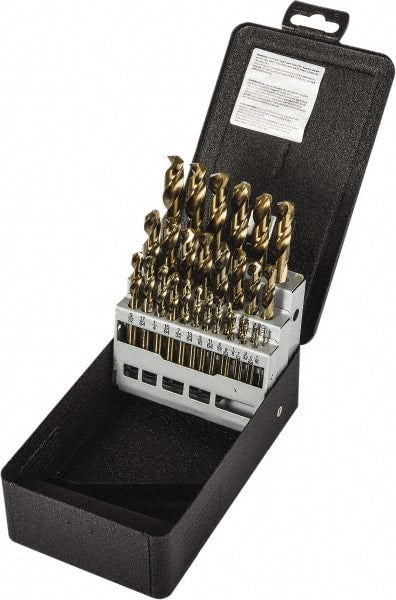 Precision Twist Drill - 1/16 to 1/2", 135° Point, Gold Finish, Cobalt Screw Machine Length Drill Bit Set - USA Tool & Supply