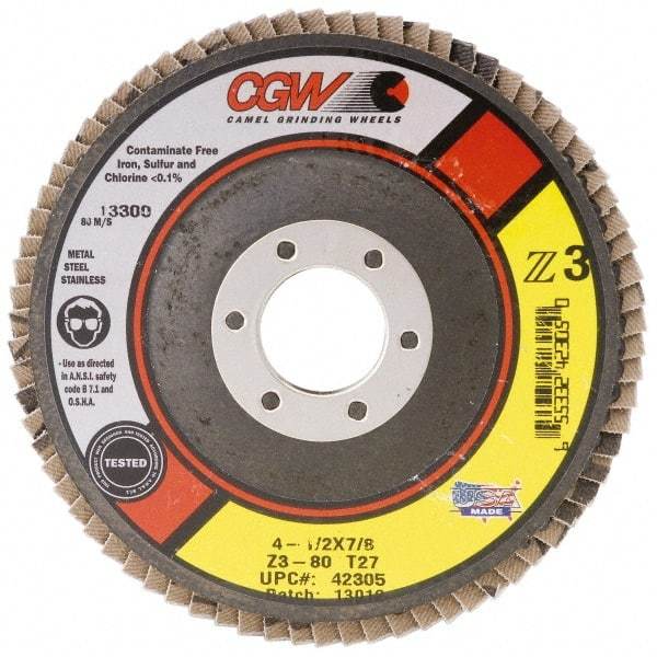 Camel Grinding Wheels - 80 Grit, 7" Disc Diam, 5/8-11 Center Hole, Type 27 Zirconia Alumina Flap Disc - 8,600 Max RPM, Poly Cotton Backing, Arbor Attaching System, Coated - USA Tool & Supply
