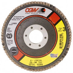 Camel Grinding Wheels - 80 Grit, 7" Disc Diam, 5/8-11 Center Hole, Type 27 Zirconia Alumina Flap Disc - 8,600 Max RPM, Poly Cotton Backing, Arbor Attaching System, Coated - USA Tool & Supply