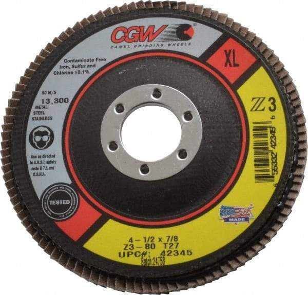 Camel Grinding Wheels - 80 Grit, 4-1/2" Disc Diam, 7/8" Center Hole, Type 27 Zirconia Alumina Flap Disc - 13,300 Max RPM, Poly Cotton Backing, Arbor Attaching System, Coated - USA Tool & Supply
