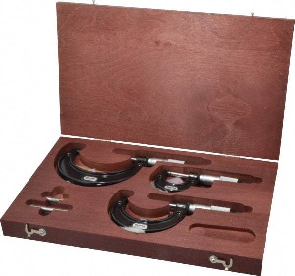 Starrett - 0 to 3" Range, 3 Piece Mechanical Outside Micrometer Set - 0.0001" Graduation, Ratchet Stop Thimble, Carbide Tipped Face - USA Tool & Supply
