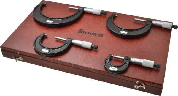 Starrett - 0 to 4" Range, 4 Piece Mechanical Outside Micrometer Set - 0.0001" Graduation, Ratchet Stop Thimble, Carbide Tipped Face - USA Tool & Supply
