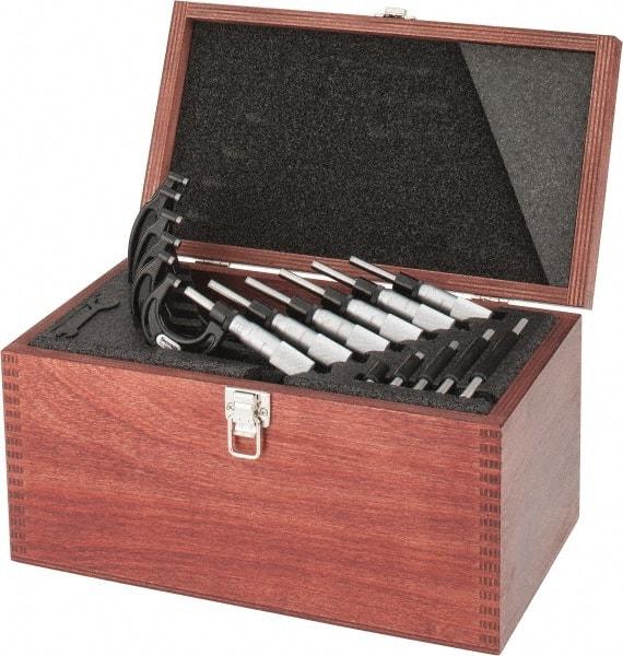 Starrett - 0 to 6" Range, 6 Piece Mechanical Outside Micrometer Set - 0.0001" Graduation, Ratchet Stop Thimble, Carbide Tipped Face - USA Tool & Supply