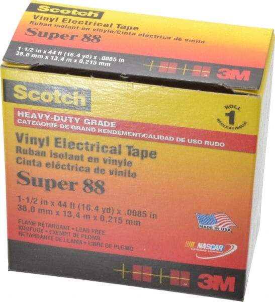 3M - 1-1/2" x 44', Black Vinyl Electrical Tape - Series 88, 8.5 mil Thick, 20 Lb./Inch Tensile Strength - USA Tool & Supply