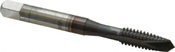 OSG - 1/4-20 UNF, 2 Flute, TiCN Finish, High Speed Steel Spiral Point Tap - Plug Chamfer, Right Hand Thread, 2-1/2" OAL, 1" Thread Length, 0.255" Shank Diam, 2B Class of Fit, Series 105 - Exact Industrial Supply