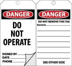 NMC - 3" High x 6" Long, DANGER - DO NOT OPERATE, English Safety & Facility Accident Prevention Tag - Tag Header: Danger, 2 Sides, Black, Red & White Self-Laminated Unrippable Vinyl - USA Tool & Supply