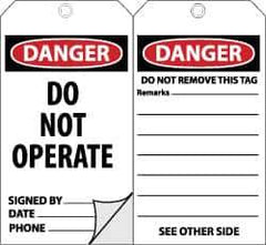 NMC - 3" High x 6" Long, DANGER - DO NOT OPERATE, English Safety & Facility Accident Prevention Tag - Tag Header: Danger, 2 Sides, Black, Red & White Self-Laminated Unrippable Vinyl - USA Tool & Supply
