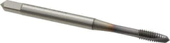 OSG - #5-40 UNC, 2 Flute, TiCN Finish, Vanadium High Speed Steel Spiral Point Tap - Plug Chamfer, Right Hand Thread, 1-15/16" OAL, 5/8" Thread Length, 0.141" Shank Diam, 2B/3B Class of Fit, Series 300 - Exact Industrial Supply