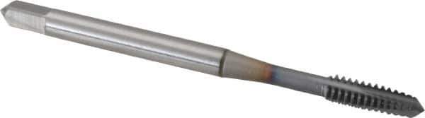 OSG - #6-32 UNC, 3 Flute, TiCN Finish, Powdered Metal Spiral Point Tap - Plug Chamfer, Right Hand Thread, 2" OAL, 11/16" Thread Length, 0.141" Shank Diam, Series 312 - Exact Industrial Supply