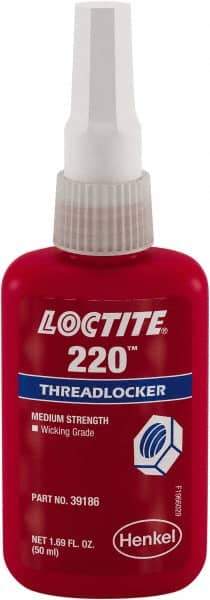 Loctite - 50 mL, Blue, Low Strength Liquid Threadlocker - Series 220, 24 hr Full Cure Time - USA Tool & Supply