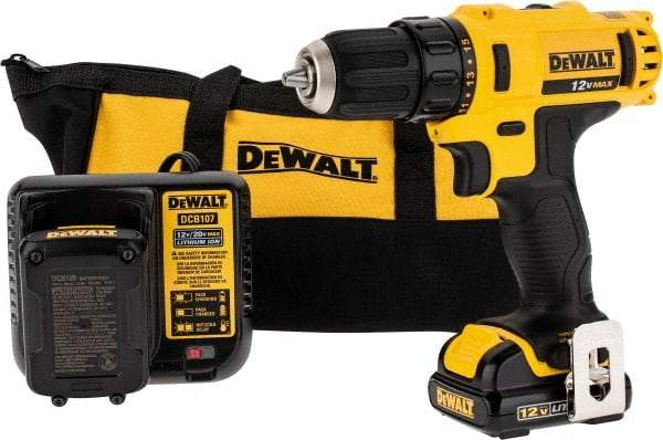 DeWALT - 12 Volt 3/8" Chuck Pistol Grip Handle Cordless Drill - 0-400 & 0-1500 RPM, Keyless Chuck, Reversible, 2 Lithium-Ion Batteries Included - USA Tool & Supply