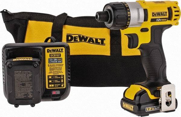 DeWALT - 12 Volt 1/4" Chuck Pistol Grip Handle Cordless Drill - 0-1050 RPM, Keyless Chuck, Reversible, 2 Lithium-Ion Batteries Included - USA Tool & Supply