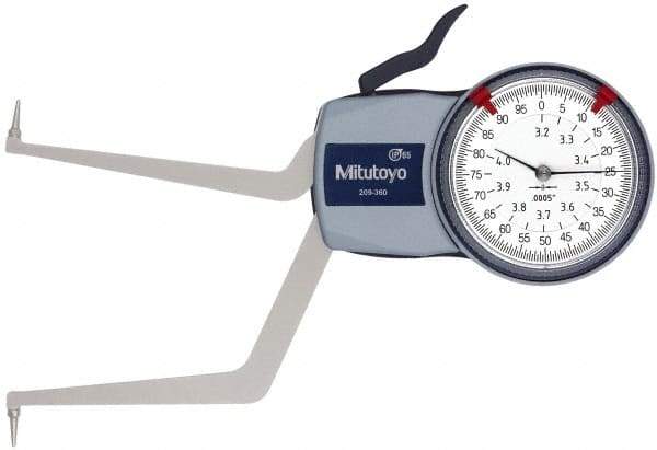 Mitutoyo - 3.2 to 4" Inside Dial Caliper Gage - 0.0005" Graduation, 0.0015" Accuracy, 3.3" Leg Length, 0.31" Deep x 0.06" Wide Groove, Ball Contact Points - USA Tool & Supply