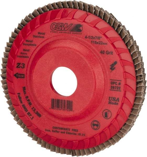 Camel Grinding Wheels - 40 Grit, 4-1/2" Disc Diam, 7/8" Center Hole, Type 27 Zirconia Alumina Flap Disc - 13,300 Max RPM, Poly Cotton Backing, Arbor Attaching System, Coated - USA Tool & Supply