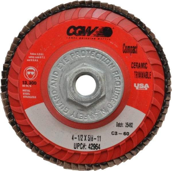 Camel Grinding Wheels - 60 Grit, 4-1/2" Disc Diam, 5/8-11 Center Hole, Type 27 Ceramic Flap Disc - 13,300 Max RPM, Polyester Backing, Arbor Attaching System, Coated - USA Tool & Supply