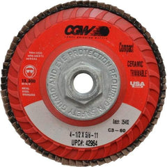 Camel Grinding Wheels - 60 Grit, 4-1/2" Disc Diam, 5/8-11 Center Hole, Type 27 Ceramic Flap Disc - 13,300 Max RPM, Polyester Backing, Arbor Attaching System, Coated - USA Tool & Supply