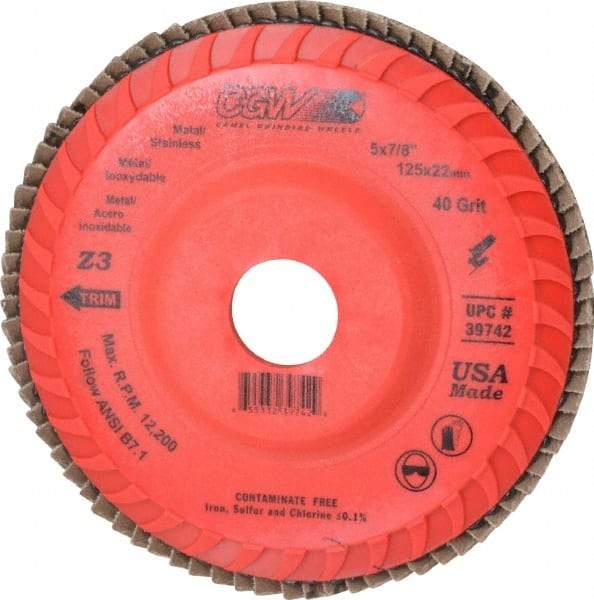 Camel Grinding Wheels - 40 Grit, 5" Disc Diam, 7/8" Center Hole, Type 27 Ceramic Flap Disc - 12,200 Max RPM, Poly Cotton Backing, Arbor Attaching System, Coated - USA Tool & Supply