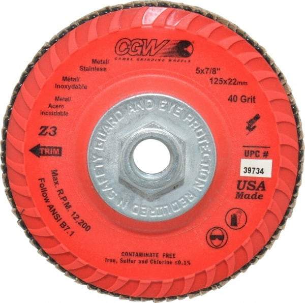 Camel Grinding Wheels - 40 Grit, 5" Disc Diam, 5/8-11 Center Hole, Type 27 Zirconia Alumina Flap Disc - 12,200 Max RPM, Poly Cotton Backing, Arbor Attaching System, Coated - USA Tool & Supply