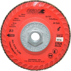 Camel Grinding Wheels - 40 Grit, 5" Disc Diam, 5/8-11 Center Hole, Type 27 Zirconia Alumina Flap Disc - 12,200 Max RPM, Poly Cotton Backing, Arbor Attaching System, Coated - USA Tool & Supply