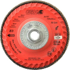 Camel Grinding Wheels - 80 Grit, 5" Disc Diam, 5/8-11 Center Hole, Type 27 Zirconia Alumina Flap Disc - 12,200 Max RPM, Poly Cotton Backing, Arbor Attaching System, Coated - USA Tool & Supply