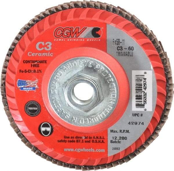 Camel Grinding Wheels - 60 Grit, 5" Disc Diam, 5/8-11 Center Hole, Type 27 Ceramic Flap Disc - 12,200 Max RPM, Polyester Backing, Arbor Attaching System, Coated - USA Tool & Supply