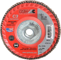 Camel Grinding Wheels - 60 Grit, 5" Disc Diam, 5/8-11 Center Hole, Type 27 Ceramic Flap Disc - 12,200 Max RPM, Polyester Backing, Arbor Attaching System, Coated - USA Tool & Supply