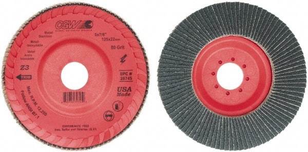 Camel Grinding Wheels - 80 Grit, 5" Disc Diam, 7/8" Center Hole, Type 27 Zirconia Alumina Flap Disc - 12,200 Max RPM, Poly Cotton Backing, Arbor Attaching System, Coated - USA Tool & Supply
