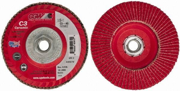 Camel Grinding Wheels - 40 Grit, 5" Disc Diam, 5/8-11 Center Hole, Type 27 Ceramic Flap Disc - 12,200 Max RPM, Polyester Backing, Arbor Attaching System, Coated - USA Tool & Supply