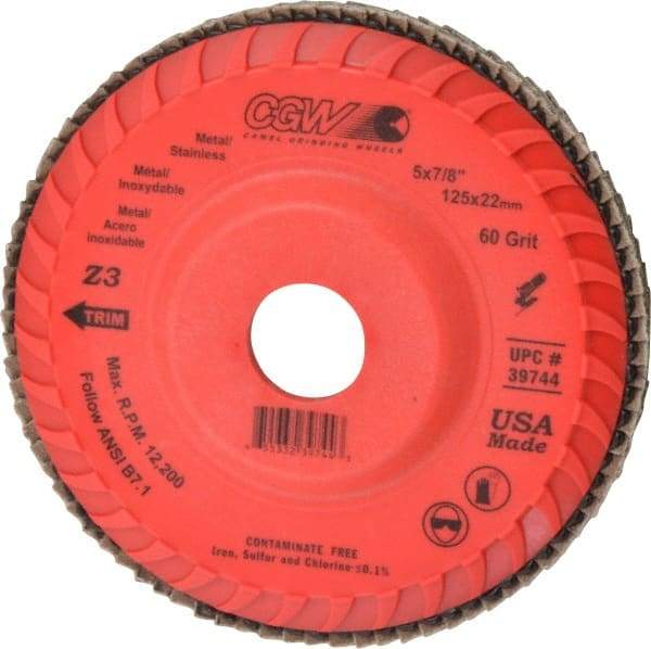 Camel Grinding Wheels - 60 Grit, 5" Disc Diam, 7/8" Center Hole, Type 27 Zirconia Alumina Flap Disc - 12,200 Max RPM, Poly Cotton Backing, Arbor Attaching System, Coated - USA Tool & Supply