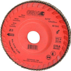 Camel Grinding Wheels - 60 Grit, 5" Disc Diam, 7/8" Center Hole, Type 27 Zirconia Alumina Flap Disc - 12,200 Max RPM, Poly Cotton Backing, Arbor Attaching System, Coated - USA Tool & Supply