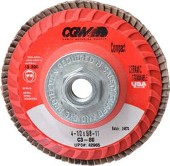 Camel Grinding Wheels - 80 Grit, 4-1/2" Disc Diam, 5/8-11 Center Hole, Type 27 Ceramic Flap Disc - 13,300 Max RPM, Polyester Backing, Arbor Attaching System, Coated - USA Tool & Supply